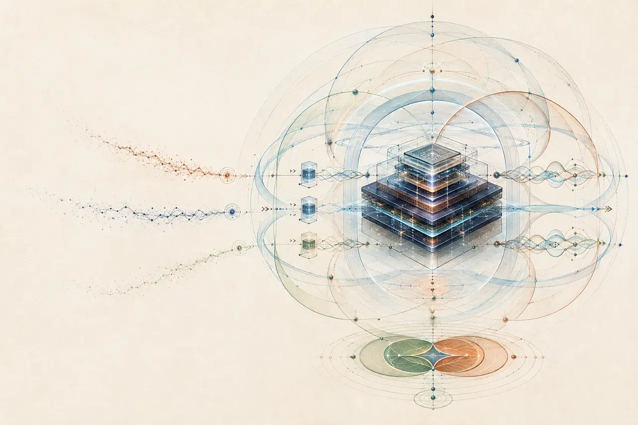 Layered computing system surrounded by assurance rings, redundant signal paths, and recovery motifs.