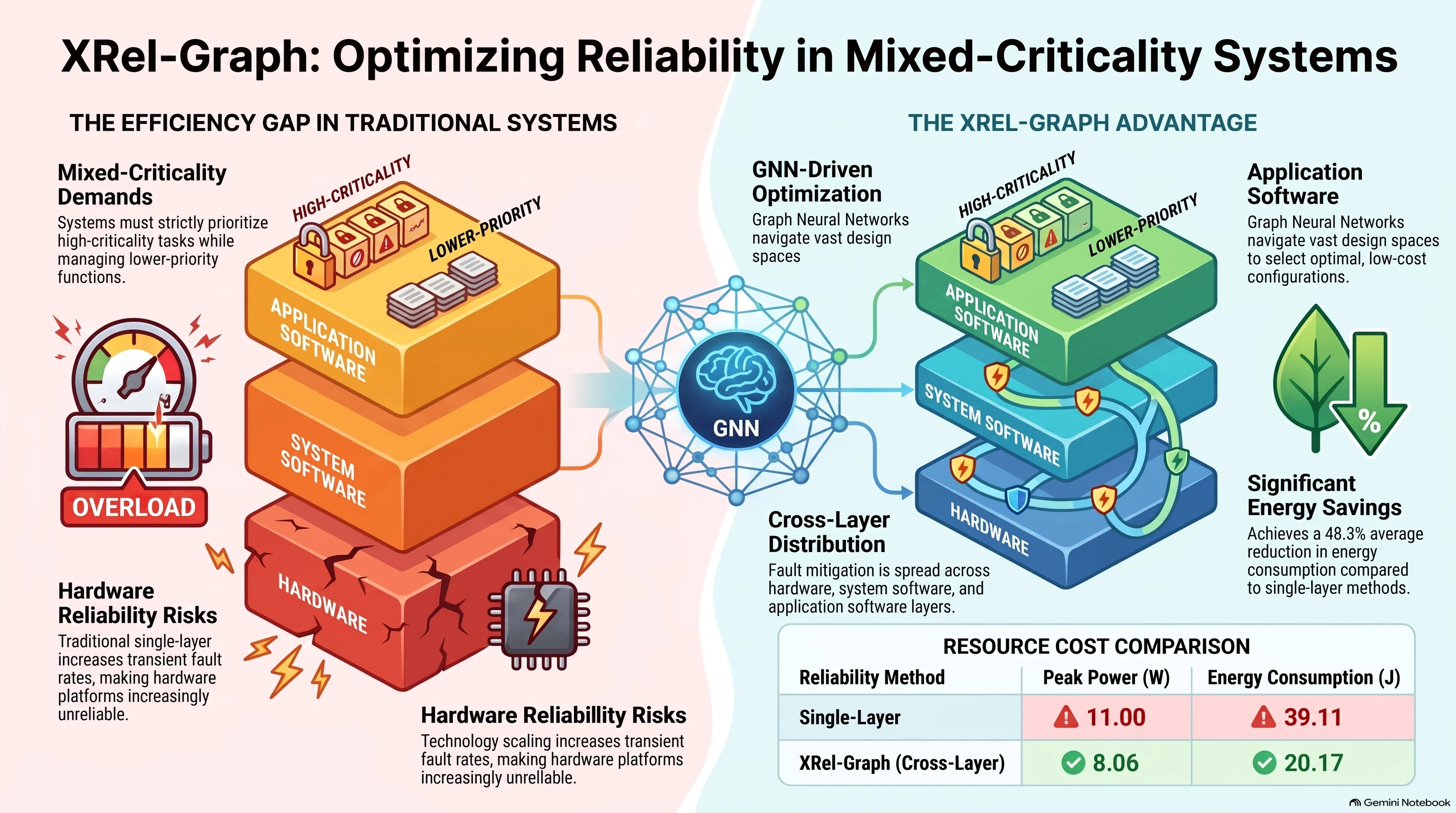XRel-Graph system reliability infographic comparing isolated single-layer protection with graph-learning-driven cross-layer reliability management